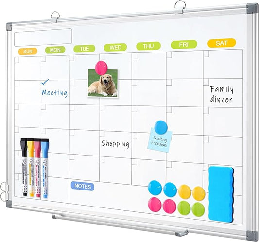 Dry Erase Calendar Whiteboard for Wall, WALGLASS 24" x 18" Magnetic White Board, Monthly Dry Erase Calendar with Silver Aluminum Frame, Double-Sided Hanging Portable Board for Office, Home, School