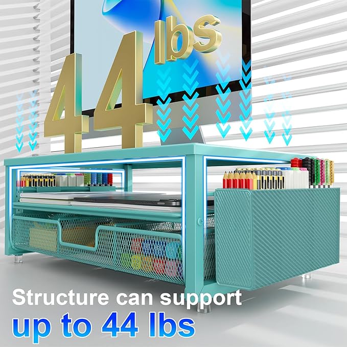 gianotter Desk Organizers and Accessories, Monitor Stand with Drawer and 2 Pen Holder, Desktop Organizer Suitable for Offices and Dormitories (Blue)