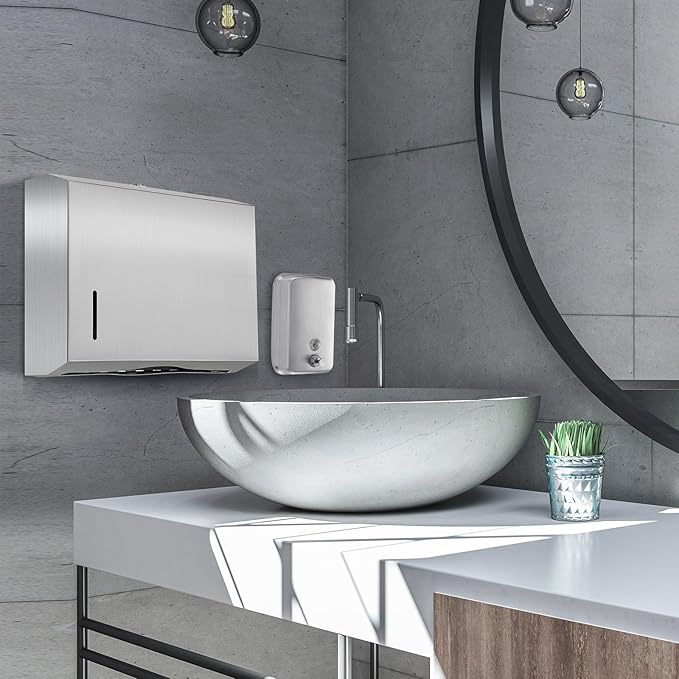 2 Pcs Commercial Soap Dispenser and Paper Towel Dispenser Set with Lock-Stainless Steel,Wall Mount,Large Capacity Manual Liquid Pump Rust Proof Leak Free for Home Bathroom (500 ml,Style 2)