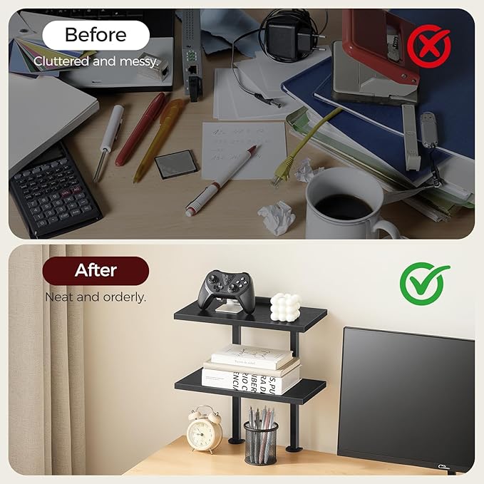 Clamp On Desk Organizer, 2-Tier Desktop Bookshelf, Adjustable Desk Storage Shelf, Metal Frame, for Office, Study and Game Room, Black DSBK3501