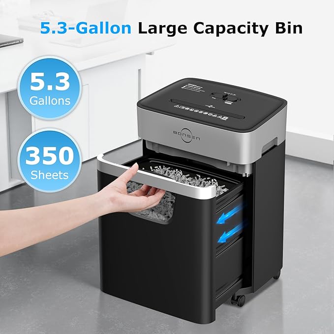 BONSEN 14-Sheet Paper Shredder for Home Office, Heavy Duty Cross Cut Shredder with 5.3 Gal Pullout Bin, Quiet Shredder for CDs/Credit Card/Staple, P-4 Security, Anti-Jam System