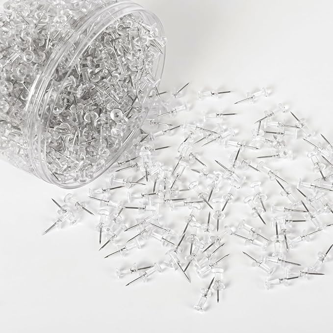 1000 PCS Clear Push pins Tacks for Wall Cork Board Bulletin Board use Clear Plastic Head Pins for Home Office Craft Projects
