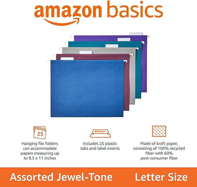 Amazon Basics Hanging File Folders, Sturdy, Letter Size, 25-Pack, Assorted Jewel-tone Colors