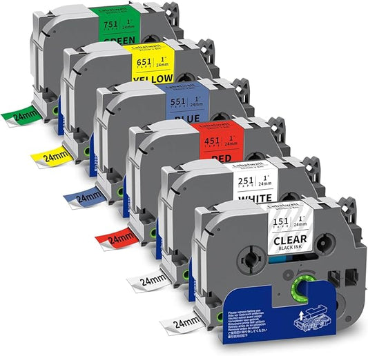 6-Pack TZe 24mm 0.94" Laminated Compatible for P Touch 1 Inch TZ Label Tape TZe-151 251 451 551 651 751 for Ptouch PT-D600 P700D 410 D610BT P710BT, Clear/White/Red/Blue/Yellow/Green