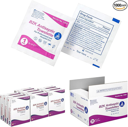 Dynarex BZK Antiseptic Towelettes, 5" x 7", Disposable and Premoistened, Individually Wrapped, 1 Case | 10 Boxes of 100 Dynarex BZK Antiseptic Towelettes (Packaging May Vary)