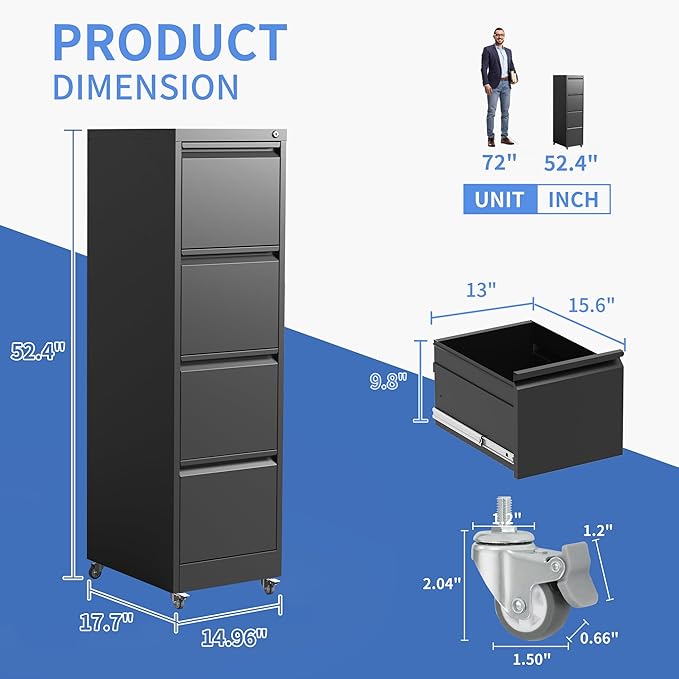 4 Drawer Mobile File Cabinet, Filing Cabinet Home Office for Letter, Legal Size, Black