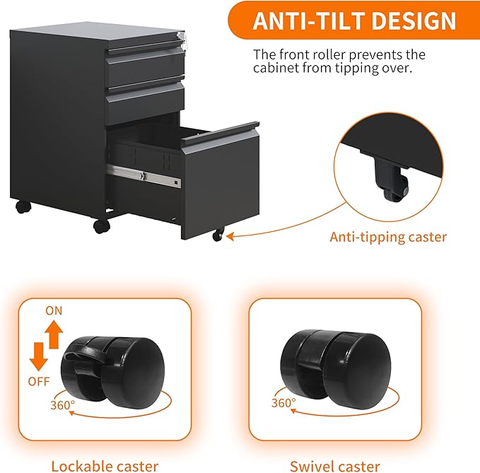 3 Drawer Mobile File Cabinet, Filing Cabinet Home Office for Letter, Legal Size, Fully Assembled Under Desk File Cabinet, Black