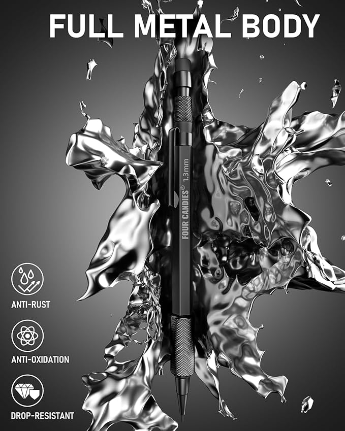 Four Candies 1.3mm Mechanical Pencil Set with 72 Lead Refill, 3PCS Metal Weatherproof Body Heavy Duty Carpenter Pencil, 3 Eraser, 16 Eraser Refill, for Outdoor Woodworking Drafting Marking with Case