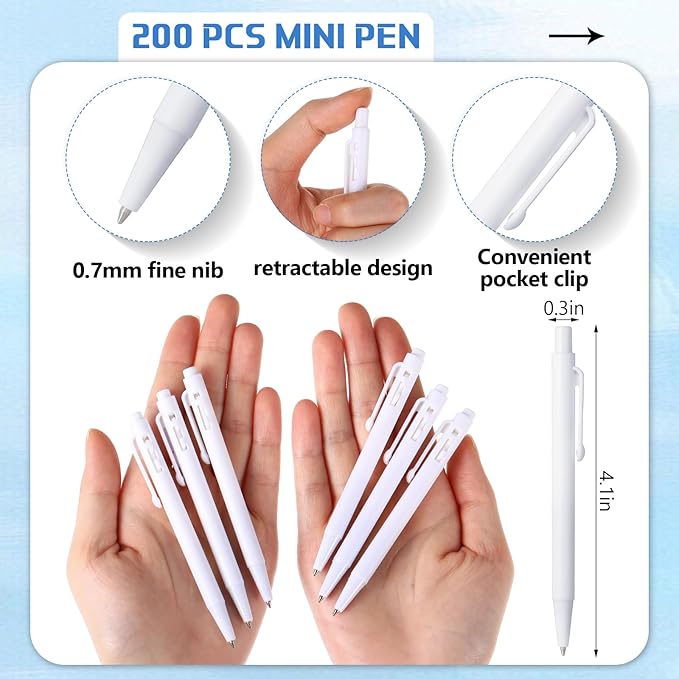 Geyoga 200 Pcs 4'' Mini Black Pens Bulk 0.7 mm Fine Point Small Retractable Ballpoint Pens with Clip for Notebook School Office(White)