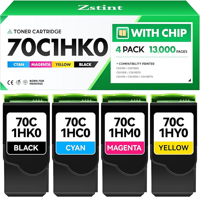 70C1HK0 70C1HC0 70C1HM0 70C1HY0 Toner Cartridge Set 4-Pack Black Cyan Magenta Yellow with chip Replacement Compatible for Lexmark CS310N CS310DN CS510DE CS510DTE CS410N CS410DN CS410DTN Laser Printer