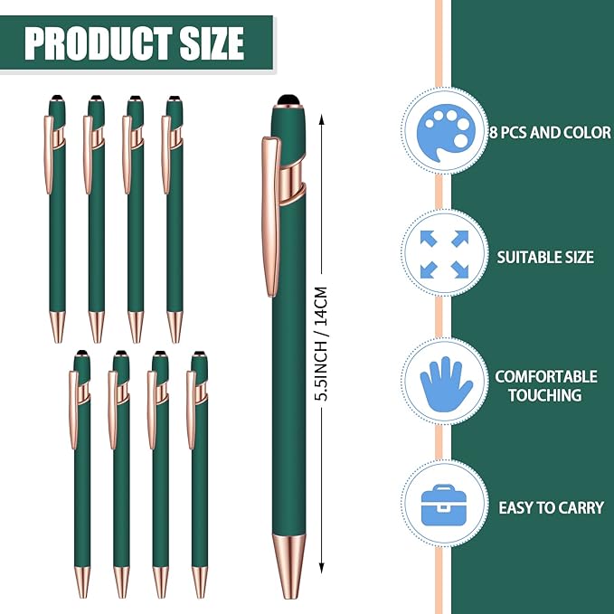 8 Pcs Blue Ink Ballpoint Pen with Stylus Tip 2 in 1 Stylus Ballpoint Pen Metal Pens Stylus Pen for Touch Screens School Office Coworkers (Green Rose Gold)