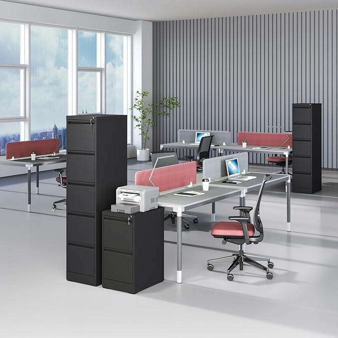 5 Drawer File Cabinet with Lock, Vertical Filing Cabinets for Home Office, Locking File Cabinet Hanging Files for A4/ Legal/Letter, Require Assembly, Black