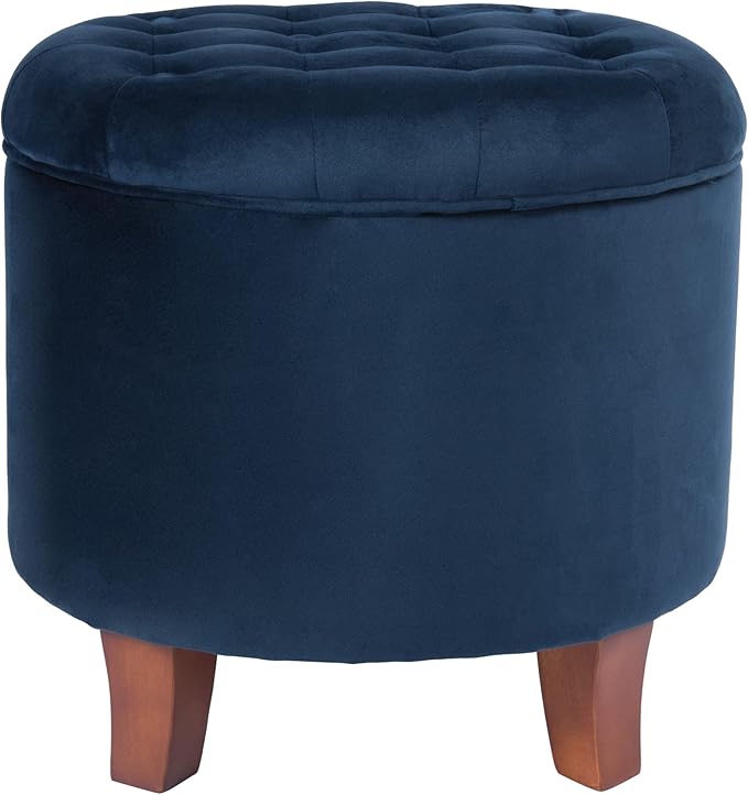 HomePop by Kinfine Fabric Upholstered Round Storage Ottoman - Velvet Button Tufted Ottoman with Removable Lid, Navy Blue