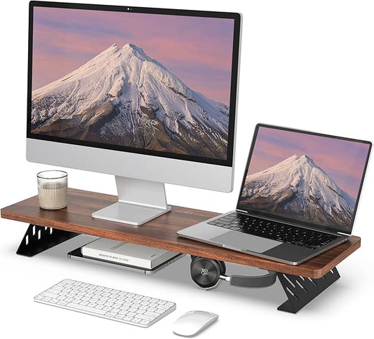 Fenge Monitor Stand Riser, Desk Top Shelf for 2 Monitors, Computer Stands for Desk, Wood & Steel Desktop Riser for Laptop, PC, Printer