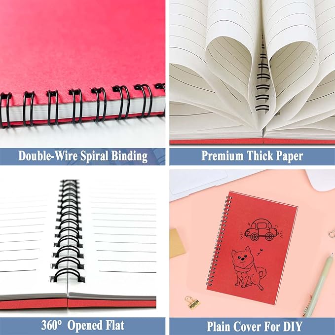 GINMLYDA 4Pack Small Spiral Notebook A5, 8.25x5.5” 120 Lined Pages Wide Ruled Spiral Journal Bulk Blank Kraft Cover Spiral Bound Notebook & Writing Pads for Home Office Meeting Work Note Taking