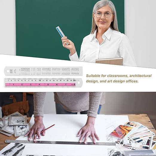 HARFINGTON 6pcs Metal Straight Ruler 20cm Metric SAE Aluminum Alloy Measuring Rulers Scale Tools with Hole for Measure Study Reading Classroom Office, Pink