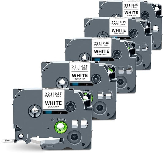 5-Pack TZe-221 Tape 9mm 0.35 Laminated White Compatible for Brother P Touch Label Tape TZe221 TZ-221 Work with Ptouch PT-D210 PT-D220 PT-H103W PT-1890 PT-D600 PT-D410 Label Maker, 3/8 Inch x 26.2 Ft