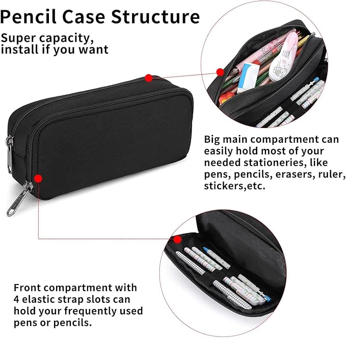 Della Gao Pencil Case Large Capacity Pencil Pouch Aesthetic Pencil Box for Office Stationery Organizer, Simple Sturdy Multifunctional Pencil Bag for Men - Black