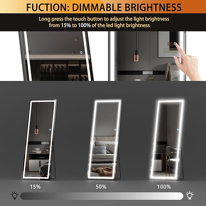 Hasipu Full Length Mirror with Lights, 61" x 22" LED Floor Mirror, Full Body Dressing Standing, Hanging Mounted Mirror for Living Room Bedroom Cloakroom, Round Black