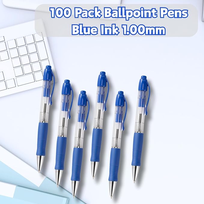 BallPoint Pens Bulk, 100 Pack (Blue Ink), No Bleed Blue Ink with soft Grip, Click Pens for Office Home and School, Retractable Ballpoint Pens, Medium Point, 1.00MM Smooth Writing (Blue)