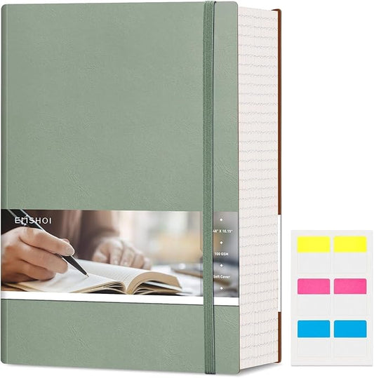 EMSHOI B5 College Ruled Notebook Journal - 400 Pages (200sheets), 7mm Spacing & Vegan Leather Cover for Work, School, Bible Study, Bullet Journaling - with Sticky Notes, Pocket & Pen Holder- Green