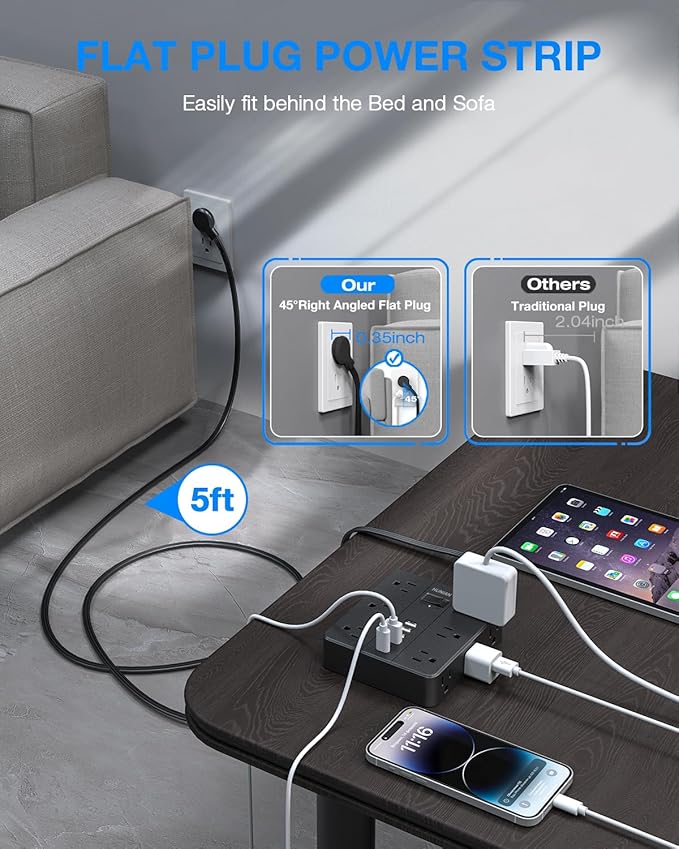 Flat Plug Power Strip Surge Protector, HUNIAN 5 Ft Extension Cord with 12 Widely Spaced Multiple Outlets 6 USB Charger (2 USB C Ports), Desk Charging Station for Home Office Supplies, Black
