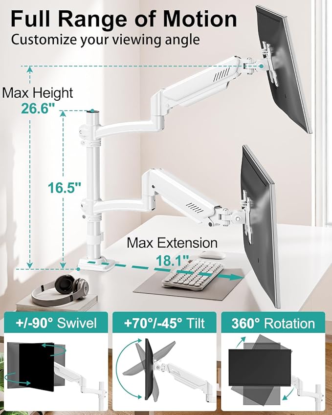 Dual Monitor Stand for Desk, Taller Monitor Arms for 2 Screens up to 32 inch, Ergonomic Adjustable Gas Spring Double Computer Monitor Mount, Holds 4.4-22lbs, VESA 75/100mm, White, Freelift