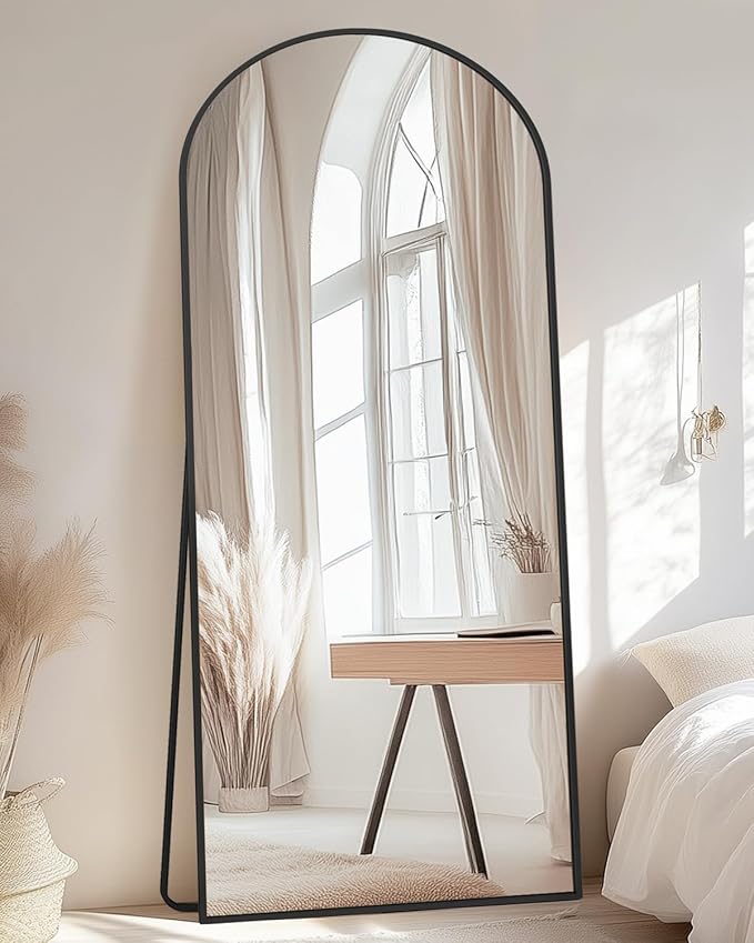Full-Length Floor Mirror with Stand, 58"x18" Arched Style Full Body Standing Mirror for Bedroom, Living Room, Gym, Dorm - Shatter-Resistant & Easy Assembly, Black