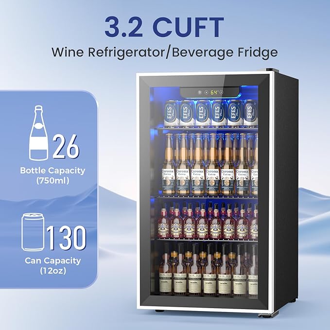 26 Bottle Wine Cooler 130 Can Beverage Refrigerator, Small Freestanding Cabinet Wine Cellar with 40℉-61℉ Temperature Control Glass Door, Black