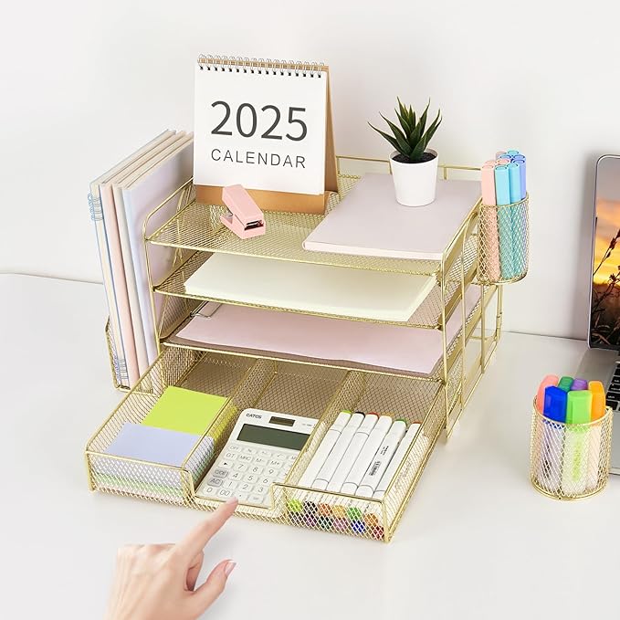 gianotter Desk Organizers and Accessories with File Holder, 4-Tier Desk Accessories & Workspace Organizers with Drawer and 2 Pen Holder, Paper Organizer for Office Supplies(Gold)