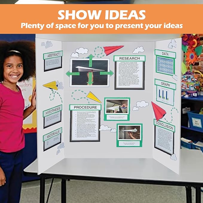 4 Pcs Trifold Display Board 36"x 48" Large White Presentation Board with Board Headers 4 Science Subtitles 32 Black Edge Self Adhesive Paper Poster Board for School Projects and Business Presentations