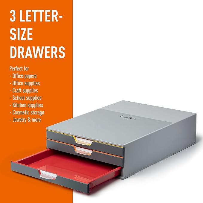 Durable Varicolor 3 Drawer Unit - Gray Desktop Drawer Set with 3 Color Coded Draws - Letter to Folio Size Files - Perfect for Storing Documents and Paper Work