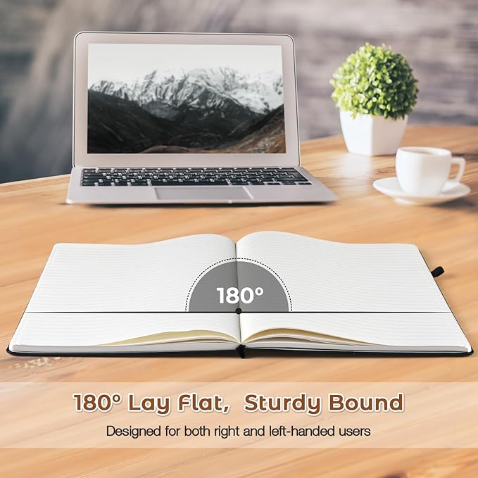 College Ruled Notebook, A4 Hardcover Leather Notebook for Work, Lined Notebook Journal for Women, Men, 192 Thick Paper, 8.5" x 11", Large Notebook with Pockets, Professional Business Notebook, Brown