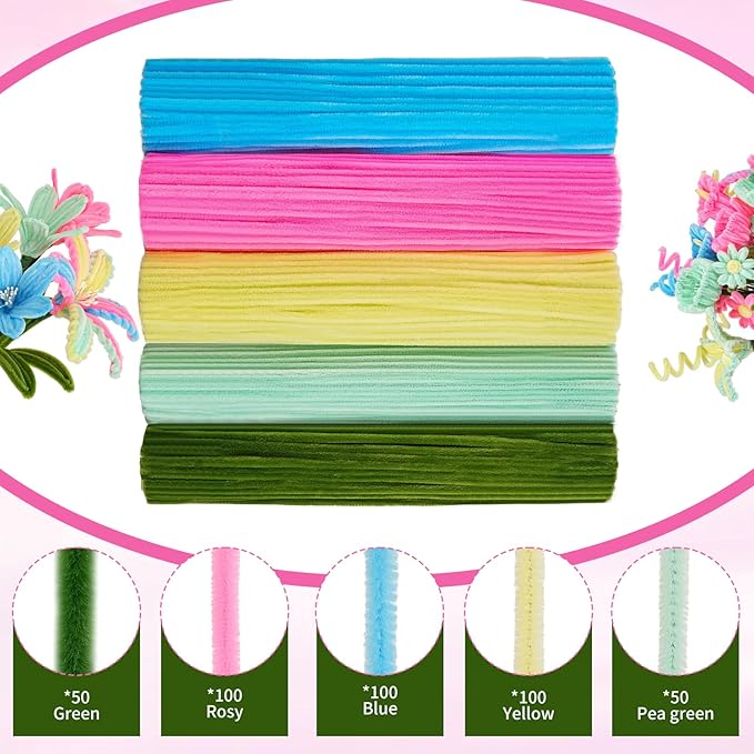 5 Mixed Macaron Colors Chenille Stems Bulk，400 Pcs Pipe Cleaners Craft with Floral Wires, Gardening Tape,Greeting Card,Bouquet Paper,Hot Glue Stick,Stamen & Ribbon，Ideals for DIY School Projects