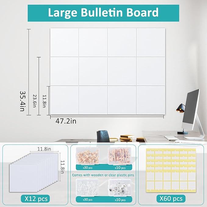 Cork Board for Walls 48" x 36" - White Bulletin Board - 12 Pack Felt Wall Tiles with Safe Removable Adhesive Tabs - Large Corkboard for Office Classroom Home Decor - Snow White