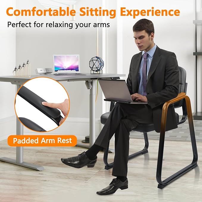 CLATINA Waiting Room Guest Chair with Bonded Leather Padded Arm Rest for Office Reception and Conference Desk Black with Sled Base 8 Pack