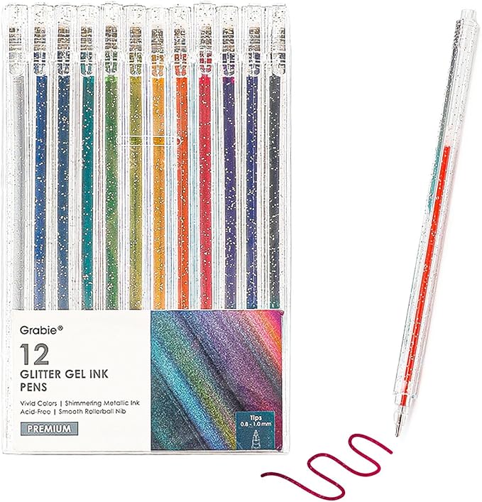Grabie glitter gel pens,12 Colors Gel Pens for Coloring,Metallic Vibrant Sparkle Colorful Pen,Fine Tip Markers Colored Neon Gel Pens for Adult Coloring Books, Sparkle Pen, Gelly Roll Pens