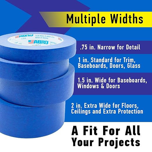 ABRO Blue Painters Tape 1.5 Inch Wide, 36mm x 55M, All Purpose Blue Tape, Temporary Labeling, Easy Tear, Clean Removal, Masking Tape Colored DIY or Pro - 6 Pack