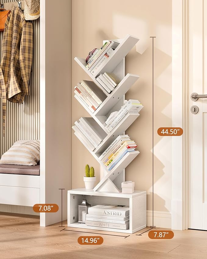 6 Tier Tree Bookshelf with Lights, LED Book Tree Bookcase with Storage Organizer, Small Corner Bookshelf Floor Standing Book Shelf for Living Room, Bedroom & Home Office, White