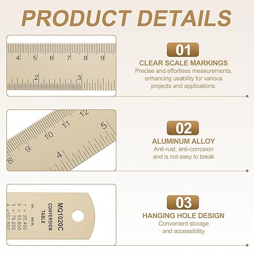 HARFINGTON 6pcs Metal Straight Ruler 15cm Metric SAE Aluminum Alloy Measuring Rulers Scale Tool with Hole for Measure Study Reading Classroom Office, Beige