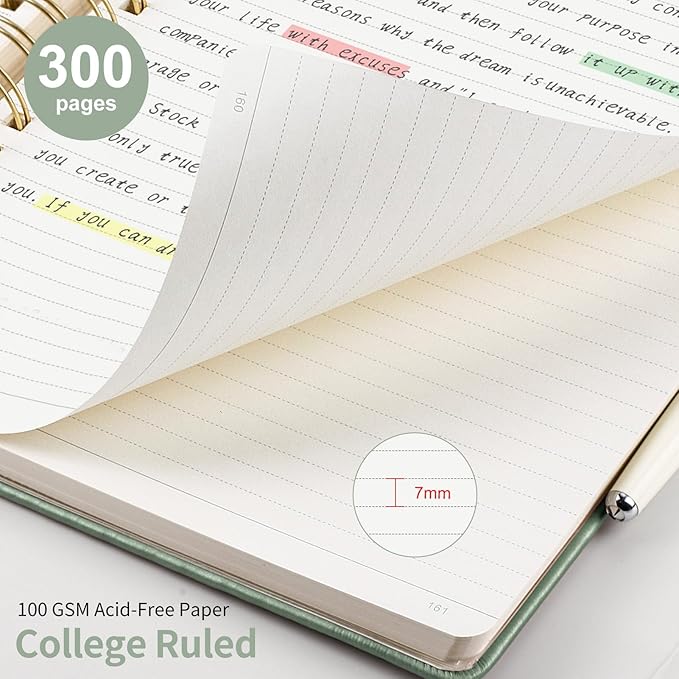 EMSHOI Spiral Notebook College Ruled, 300 Numbered Pages, A5 Small Hardcover Leather, 100 GSM Thick Lined Journal for Women Men Work Writing Journaling Note Taking, 5.7" x 8.22", Light Green