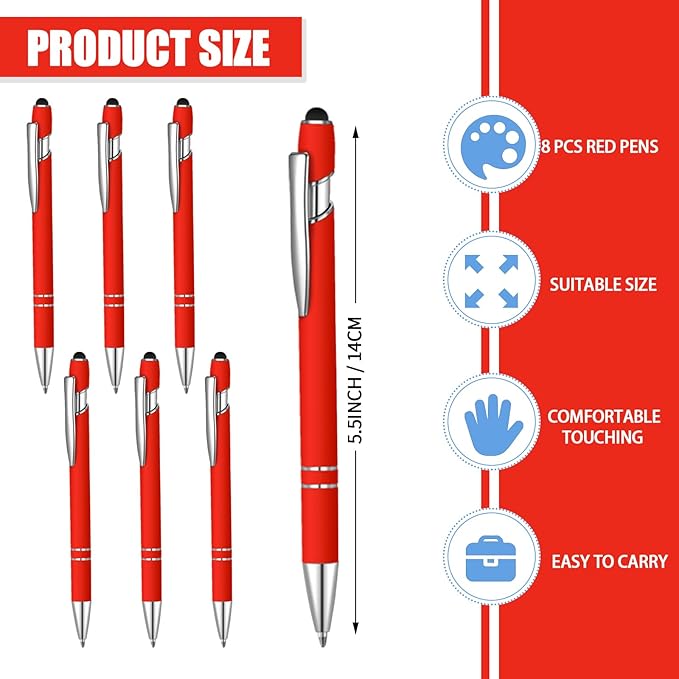 8 Pcs Blue Ink Ballpoint Pen with Stylus Tip 2 in 1 Stylus Ballpoint Pen Metal Pens Stylus Pen for Touch Screens School Office Coworkers (Red)