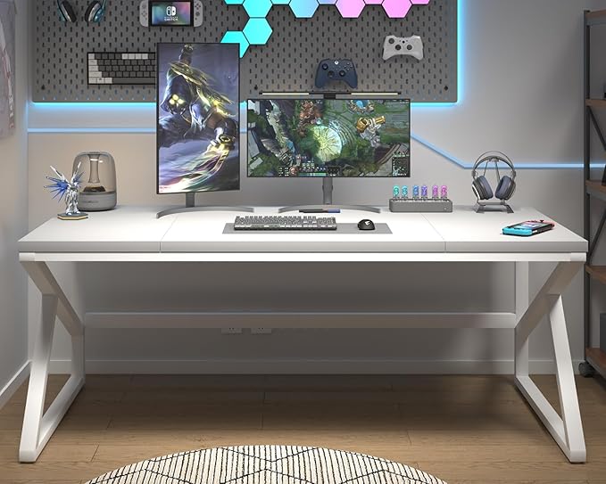 HSH 70 Inch Long White Computer Desk, Modern Large Executive Work Writing Study Gaming Desk for Home Office, Industrial Metal Wooden Two Person Desk Dual Monitor Workstation in Bedroom Living Room