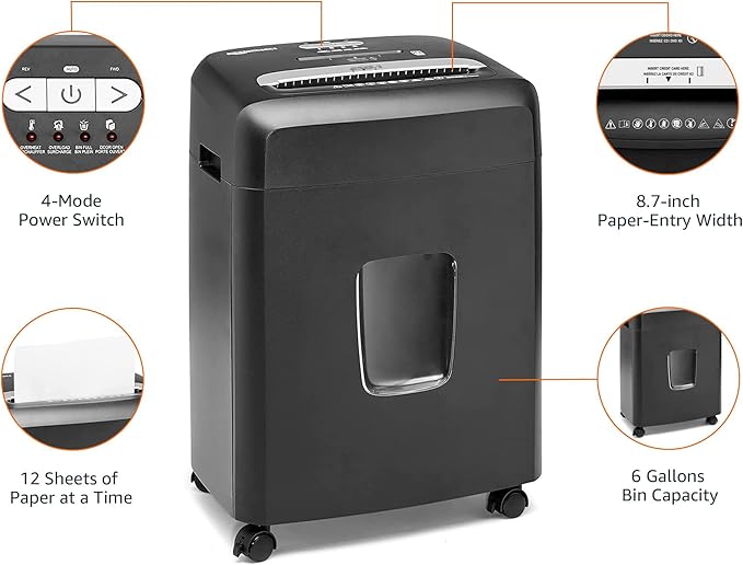 Amazon Basics 12 Sheet (new model) Micro Cut Paper and Credit Card CD Shredder With 6 Gallon Bin, Black