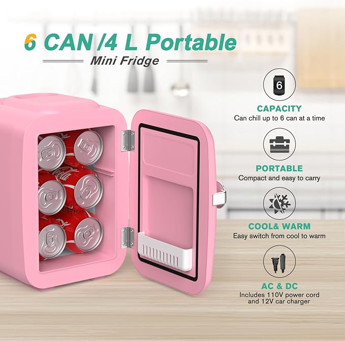 CROWNFUL Mini Fridge, 4 Liter/6 Can Portable Cooler and Warmer Personal Refrigerator for Skin Care, Cosmetics, Beverage, Food,Great for Bedroom, Office, Car, Dorm, ETL Listed (Pink)