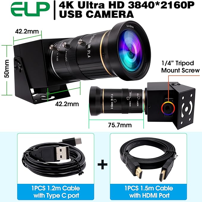 ELP 4K USB HDMI USB Camera Manual Zoom Webcam Variable Focus PC Camera Mini Close-up Camera for Computer H.264 Telescope USB Security Camera 8mp IMX415 Industrial CCTV Camera (5-50mm 10X Zoom Lens)