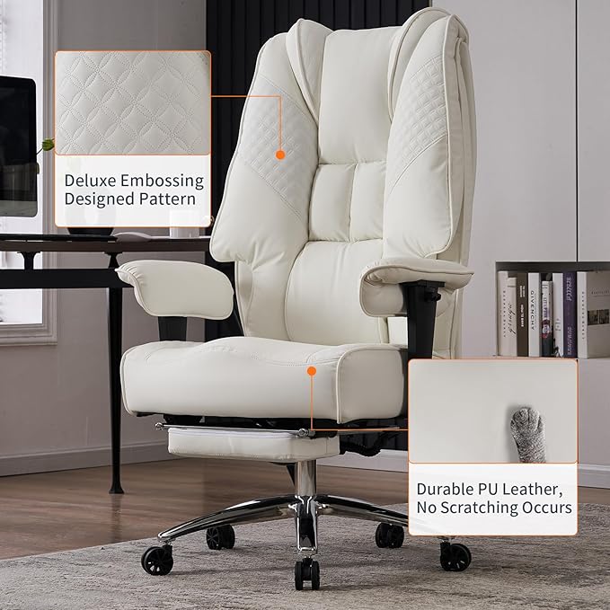 Big and Tall Office Chair 400lbs Wide Seat, Leather High Back Executive Office Chairs with Foot Rest, Ergonomic Lumbar Support for Lower Back Pain Relief (White)