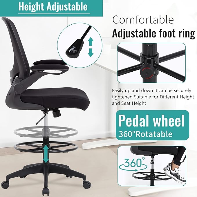 BestOffice Drafting Chair Tall Office Chair with Adjustable Foot Ring and Flip-Up Arms Computer Standing Desk Chair Executive Rolling Swivel Chair for Office & Home