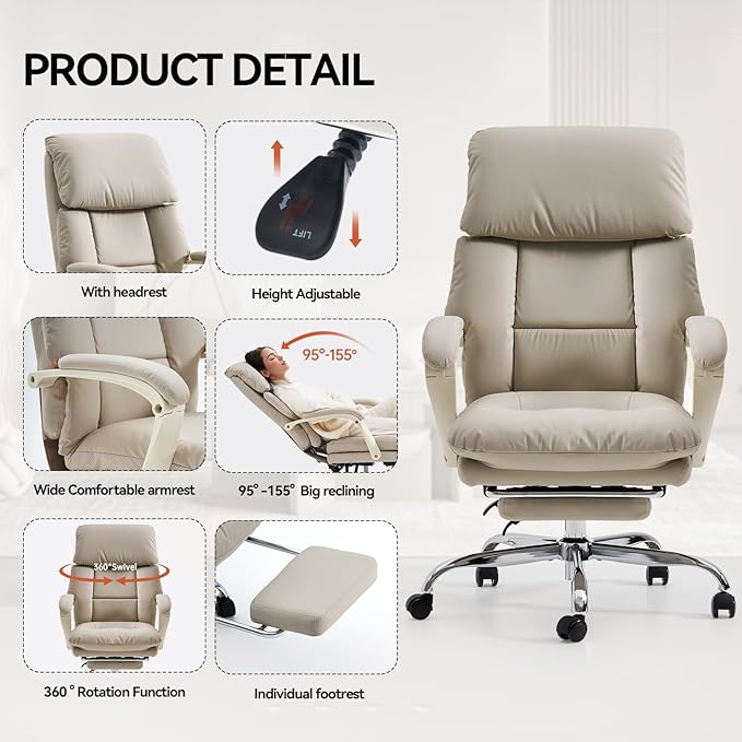 EMIAH Genuine Leather Office Chair with Foot Rest, Reclining Ergonomic Executive Office Chair with Arms, High Back Comfy Swivel Computer Desk Chairs with Wheels and Lumbar Support for Home, Beige