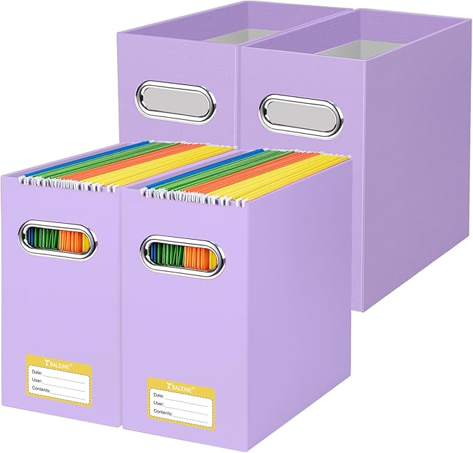 BALEINE File Organizer Box, Cardboard File Folder Organizer with Handle for Letter Size, Portable Collapsible Hanging Filing Box for Home Office Document Storage (4 Pack, Lavender)